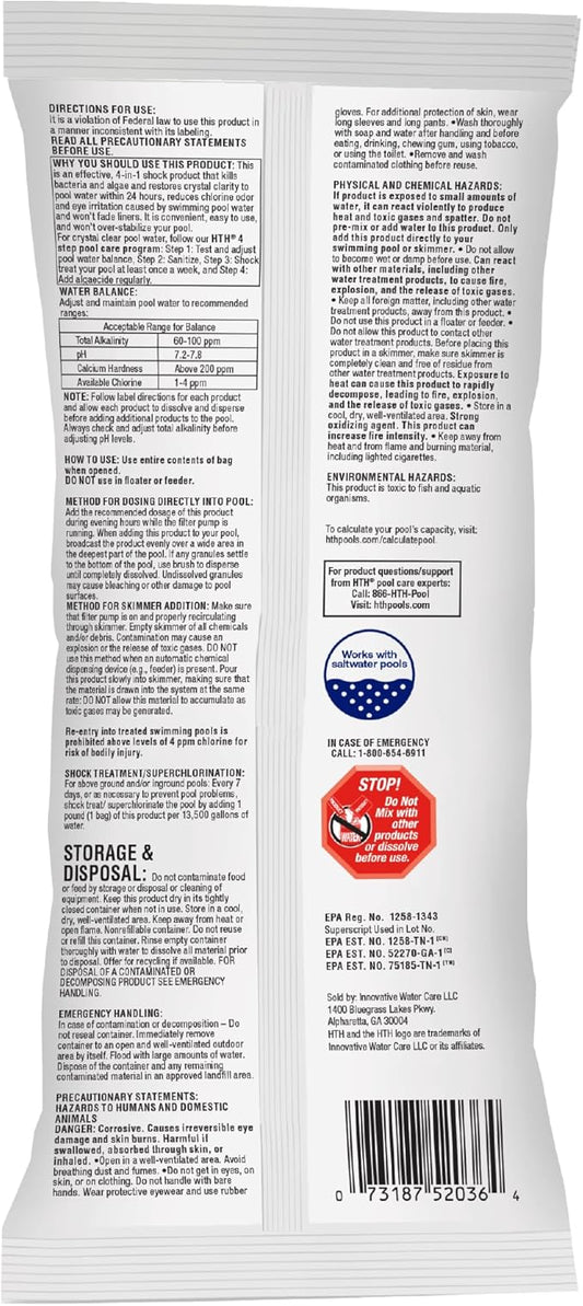 HTH 52031 Swimming Pool Care Shock, Swimming Pool Chlorinator Boosts Chlorine Levels, Cal Hypo Formula, 13.3oz (1 Pack)