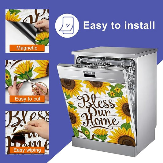 Dishwasher Magnet Cover 23x26 in Hand-Painted White Wood Sunflower Bless Our Home Typography Dishwasher Cover for Kitchen Appliance Decoration Front Panel Sticker Panel Home Decor Decal