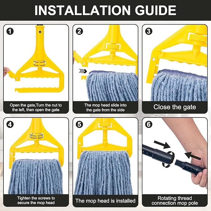 Commercial Industrial Mop with 3 Extra Large Reusable Replacement Head,59" Long Handle Heavy Duty Wet Mops,Looped-End String Cotton Mop for Floor Cleaning,House,Kitchen,Office,Garage,Tile(Yellow)