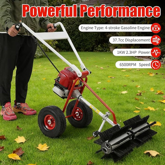 4 Stroke Gas Powered Hand Push Sweeper, Strong Power Lawn Sweeper Machine with 23in Long High-Density Brush, Artificial Grass Brush Gasoline Powered Broom for Lawn, Driveway, Snow