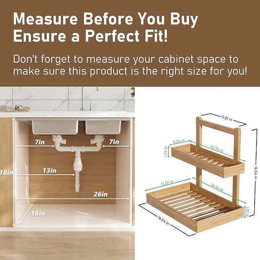 Bamboo Under Sink Organizer and Storage, 2 Tier Pull Out Cabinet Organizer, Slide Out Under Sink Storage Shelf, Undersink Organizers Shelves for Kitchen Bathroom Organization (Nature, 2 Packs)