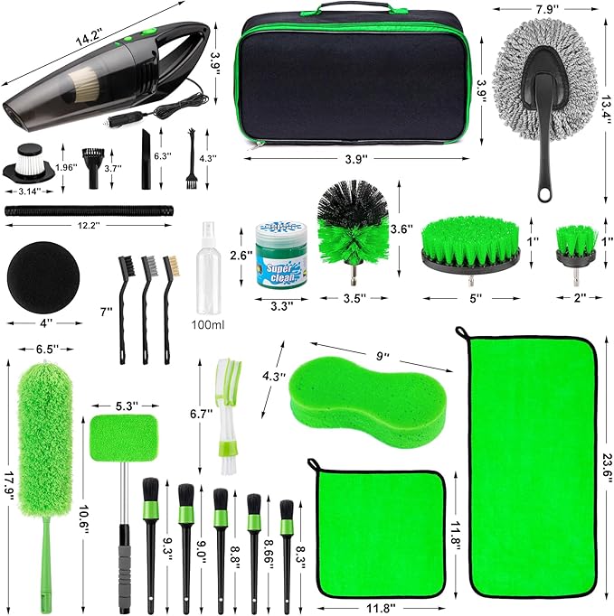 34pcs Car Cleaning Detailing Kit Interior Cleaner -with Portable Vacuum Cleaner, Car Window Windshield Cleaning Tool, Car Detailing Kit for Cars, Trucks, SUVs, Green