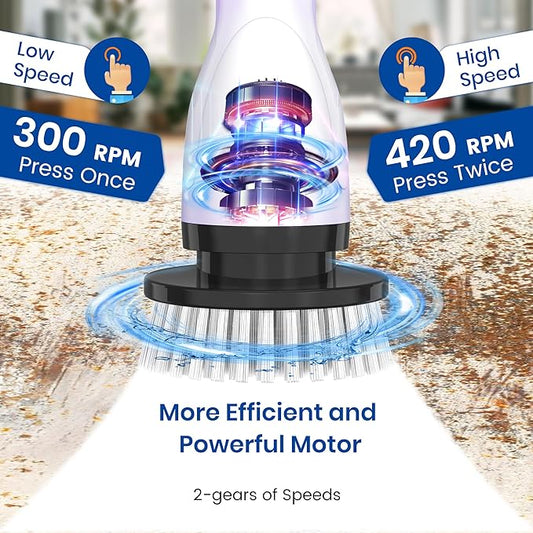 Electric Spin Scrubber, Full-Body IPX7 Waterproof Cordless Shower Scrubber with 8 Replaceable Heads, Upgraded Extension Handle, 2H Work Time, 2 Speeds for Bathroom Shower Tile Glass