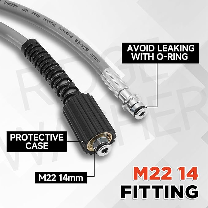 RIDGE WASHER Pressure Washer Hose 25FT, Kink Resistant Hoses Replacement with M22 14 Fitting, 1/4 Inch Power Washer Hose’s Applied for Most Pressure Washer Accessories, 3600 PSI