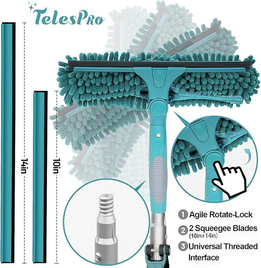 30 Feet High Reach Window Squeegee with 6-24 Ft Extension Pole, Window Cleaner Tool with 5-Stage Telescoping Pole, Window Cleaning Kit with Rotatable Head (2 Squeegee & 2 Microfibre Cloths)