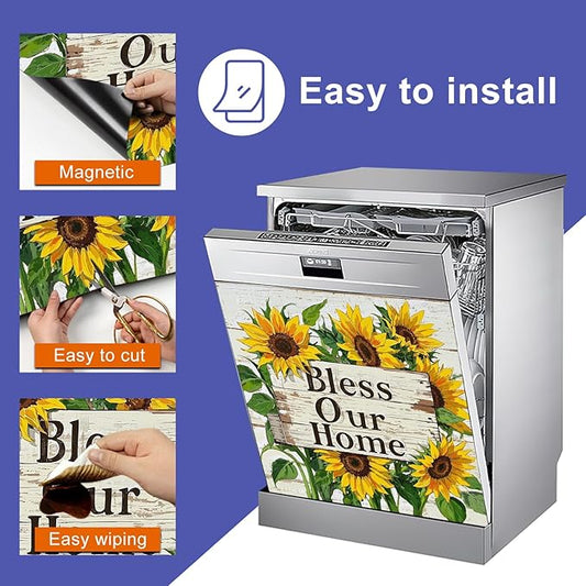 Dishwasher Magnet Cover 23x26 in Rustic Bless Our Home Sunflowers Sign Dishwasher Cover for Kitchen Appliance Decoration Front Panel Sticker Rustic Art Skin Panel Home Decor Decal