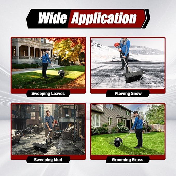 52cc 2Stroke Gas Handheld Sweeper 2.3HP Engine Power Snow Sweeping Broom Walk Behind Sweeper Driveway Turf Lawns Artificial Grass Power Brush Lawn Sweeper Cleaner Tools