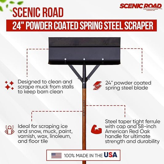 SCENIC ROAD Farm & Ranch Scraper Tool – Heavy Duty Ice Scraper with 24" Steel Blade & 58" Handle Floor Scraper – Metal Scraper for Driveway Ice, Barn, Paint or Wood – Made in USA (Model SR24SPRNG)