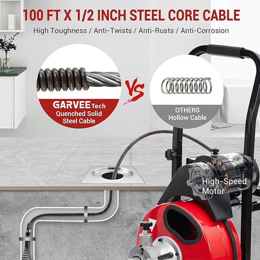Auto Feed 100 ft x 1/2 in Drain Cleaner Machine with 370W Motor, Portable Sewer Snake Auger with 8 Cutters & Air-activated Foot Switch, Fits 1 in to 4 in Pipes, Black & Red