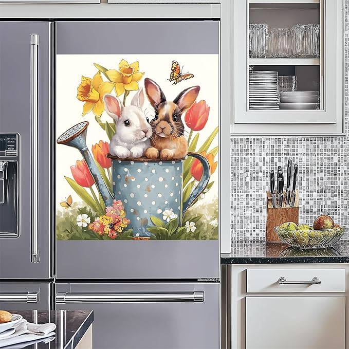 NYZE Easter Dishwasher Magnets Cover, Dishwasher Magnetic Sticker Decorative, Reusable Dish Washer Cover for Dishwashers (Watering Can Bunnies)