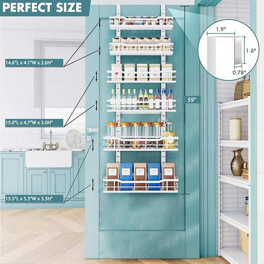 Over The Door Pantry Organizer,6-Tier Over The Door Organizer with Adjustable Basket,Metal Hanging Pantry Organizers and Storage for Kitchen, Back of Door Seasoning Rack (White)