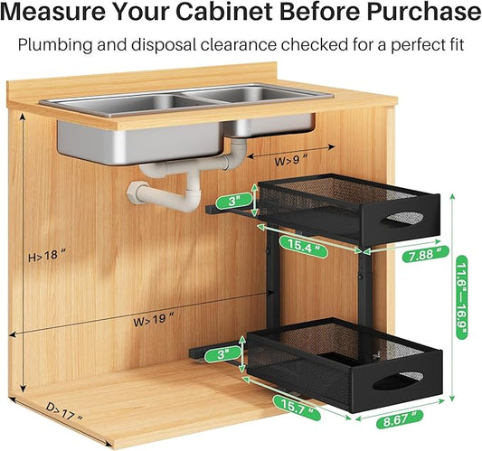 Under Sink Organizer, 2 Tier Pull out Cabinet Organizer Baskets with Mesh Sliding Drawers, Slide out Storage Shelf for Home, Kitchen, Bathroom, Pantry, Office Cabinet, Countertop(1 Pack)