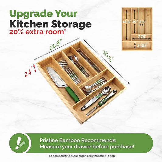 Silverware tray organizer– Flatware Utensil Cutlery Silverware Holder for Drawer – Small Extra-Deep Wooden Kitchen Drawer Organizer Divider for Spoons Forks Knives cutleries (6-Slots)