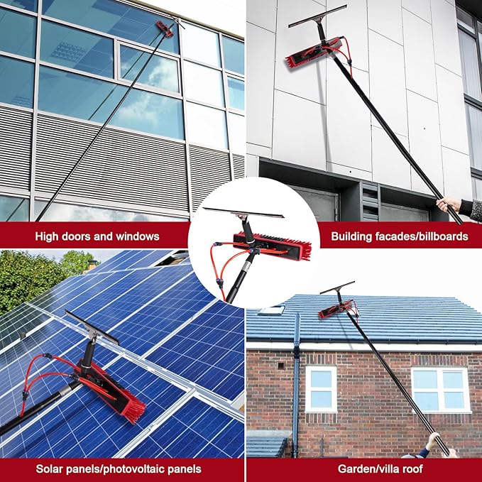 35ft Water Fed Pole Kit, Rotatable Solar Panel Cleaning Brush & Squeegee, 2 Dusting Brushes, Extendable Black Lightweight Pole for Roof Window