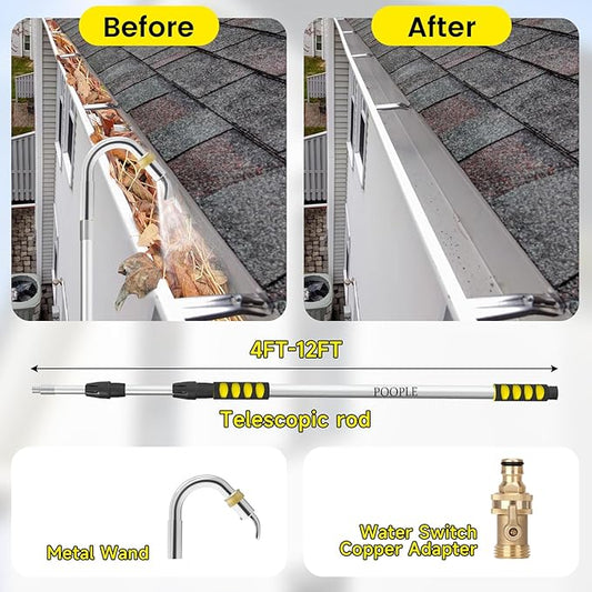 Gutter Cleaning Tools from Ground, 12FT Telescoping Pole (20FT Reach) - Heavy-Duty Zinc Alloy Head, 360° Spray Nozzle & Leak-Proof Kit, No Ladder Needed for Roof Gutters