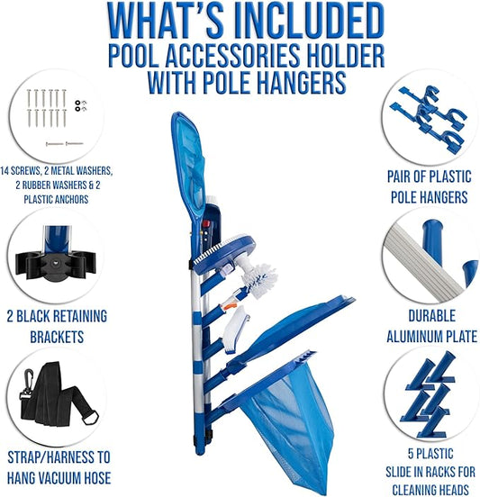 Swimming Pool Accessories Holder, Fence Hooks for Pool Equipment Organizer, Pool tool storage rack for Pool Skimmer Pole Hanger Pool Maintenance Vacuum hose Storage Pool Hooks for Poles