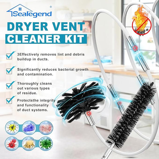 Sealegend 50 Feet Dryer Vent Cleaner Kit/Lint Remover/Fireplace Chimney Brushes/Upgraded Flexible Quick-Snap Brush with Drill Attachment for Easy to use/Cleaning Tools Use with or Without Power Drill