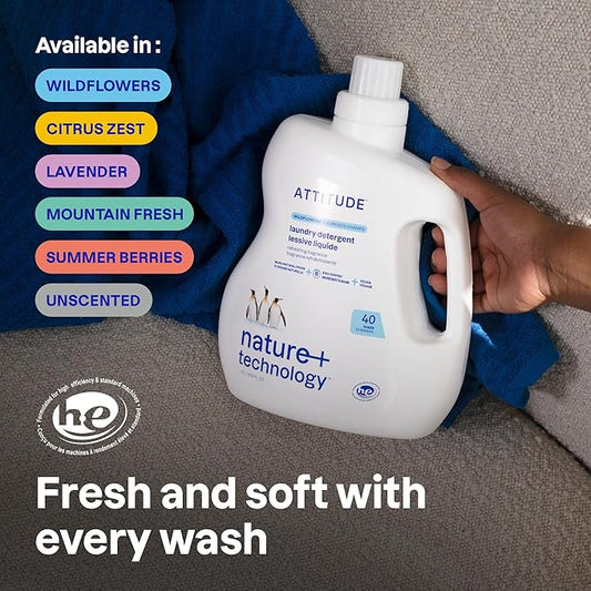 ATTITUDE Liquid Laundry Detergent, EWG Verified Laundry Soap, HE Compatible, Vegan and Plant Based Products, Cruelty-Free, Wildflowers, 40 Loads, 67.6 Fl Oz (Pack of 6)
