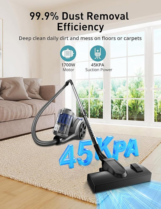 Aspiron 1700W Canister Vacuum Cleaner, 45Kpa Bagless Vacuum Cleaner, Multi-Cyclonic Filtration, 2 Anti-Allergen HEPA Filters, 3.5QT Dust Cup, 4 Tools, Corded Vacuum for Hard Floor, Pet Hair, Azure