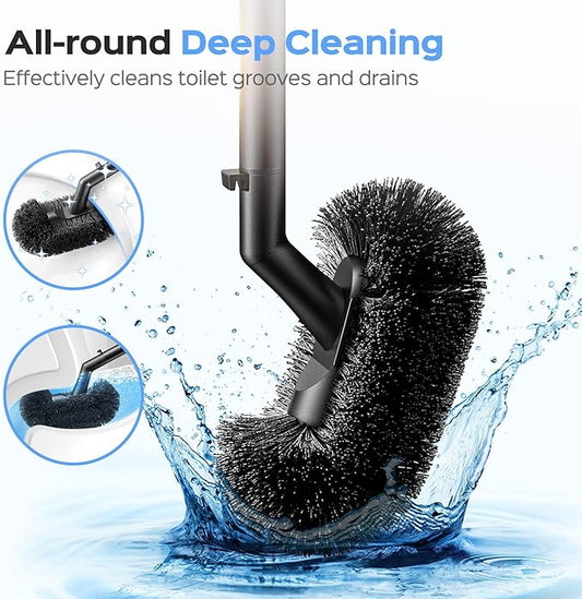 HAMITOR Toilet Plunger and Brush Set: 2 in 1 Stainless Steel Combo with Curved Bristles - Heavy Duty Toilet Unclogging for Family Bathroom - Compact Hideaway Apartment Cleaning Accessories - Black