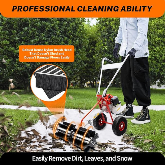 43CC Gas Powered Sweeper, Handheld Power Broom Sweeper Walk Behind Push Lawn Sweeper Driveway Walkway Cleaning Driveway Machine Portable Artificial Grass Brush Power Broom