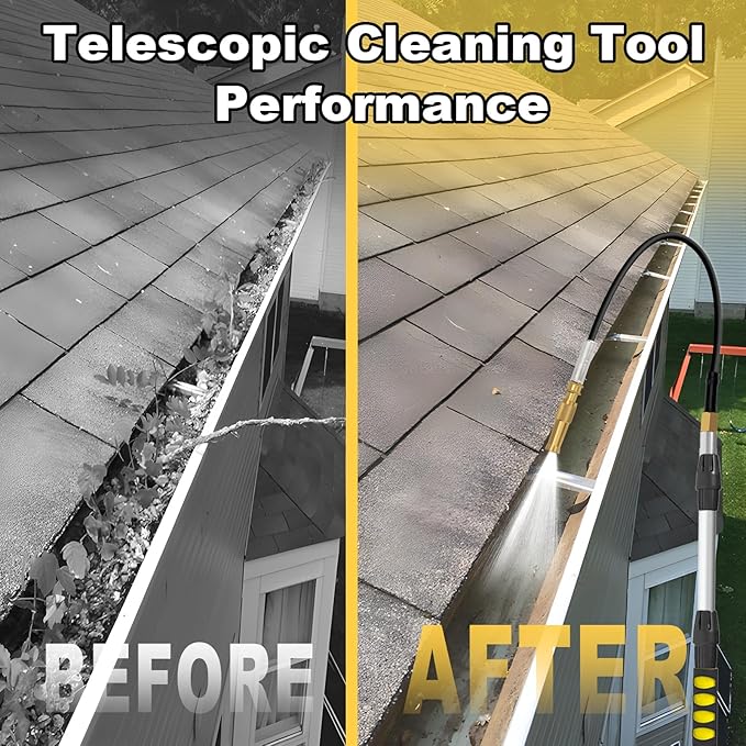 12ft Gutter Cleaning Tools, Long Reach Telescopic Gutter Cleaner Tools From The Ground, Rain Gutters Cleaning Tool With Garden Hose Attachment and Bendable Gutters Wand