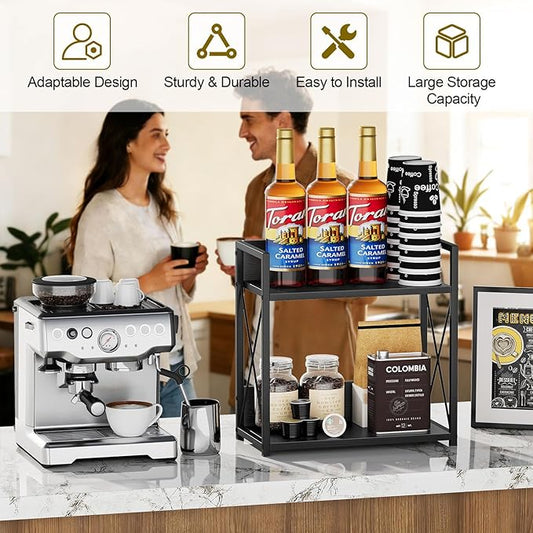 Giikin Kitchen Countertop Organizer, 2 Tier Coffee Bar Organizer, Black Spice Rack for Counter, Kitchen Counter Shelves, Particleboard, Large Size (15.8" L x 7.9" W x 15.8" H), Black