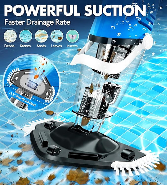 Cordless Pool Vacuum for Above Ground Pool, Magnetic Charging Handheld Pool Vacuum Cleaner, Anti-backflow Design Spa Vacuum for Hot Tub with Telescopic Pole | 18.5GPM Suction, 80-Min Runtime