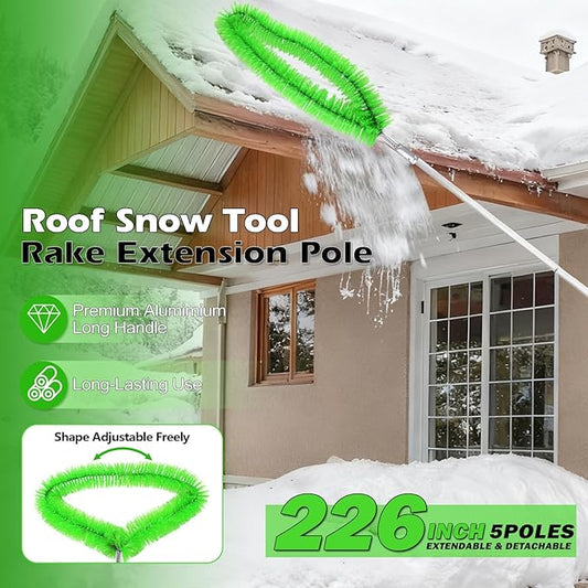 19Ft Roof Rake Brush for Snow and Leaves, Gutter Cleaning Broom Tool, Spider Web Brush Cleaner for Shingles, Corrugated,High Ceiling,Porch,Outdoor Window Cob Web Remover - Lightweight Pole