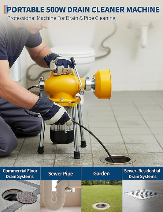 Garvee Portable Drain Cleaning Machine, Auto Feed Electric Drain Cleaner Machine Auger Sewer Snake with 66 FT x 5/8" & 16 FT x 3/5" Steel Cables & 6 Cutters, for 1.6"-4" 500 w 400 RPM