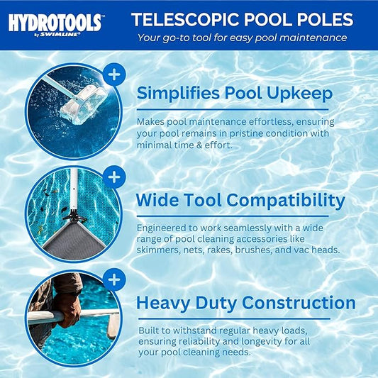 SWIMLINE HYDROTOOLS 8360 2-Piece Telescopic Pole 6 To 12 Feet Adjustable Telepole Swimming Pool Cleaning Skimmer Nets Vacuum Heads & Brushes Premium Fluted Anodized Aluminum W/ Strong Grip & Lock