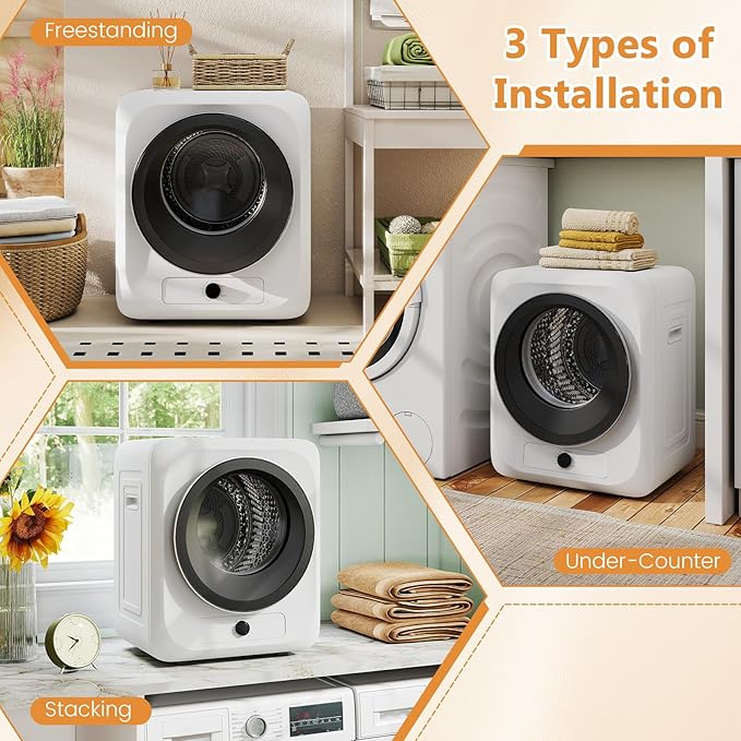 VCJ Portable Clothes Dryer for Apartment, 1.5 Cu.ft Compact Mini Electric Dryer with 5 Drying Modes, Stainless Steel Tub, Simple Knob Control, Dryer Machine for Dorm, RV, Small Space