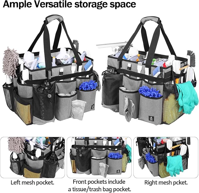 Extra Large Rolling Cleaning Caddy Bag with Detachable, Foldable Trolley Portable Cleaning Cart for Housekeeping Cleaning Caddy with Adjustable Shoulder Strap and Multiple Storage Pockets
