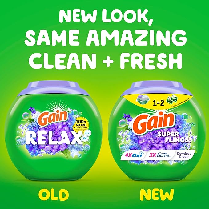 Gain Super Flings Laundry Detergent Pacs, 32 Count, Dewdrop Dream scent, irresistibly clean and fresh washing detergent laundry soap pacs