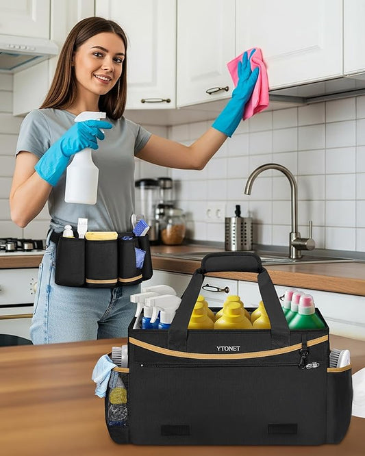 Ytonet Cleaning Caddy Bag with Detachable Apron, Extra Large Cleaning Supplies Organizer with Foldable Dividers, Portable Cleaner Tote with Handle, Cleaner Caddy for Housekeeper, Black