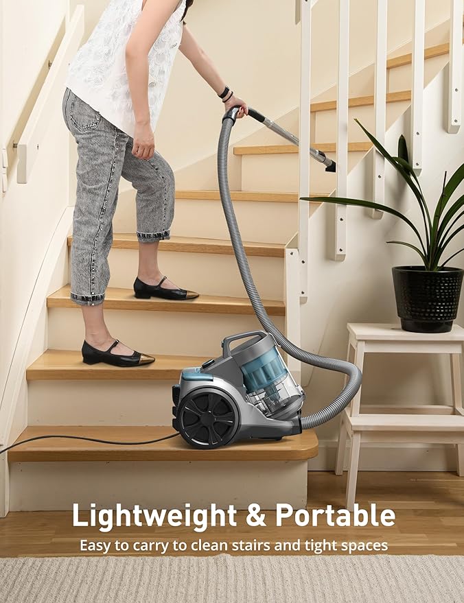 Aspiron 1700W Canister Vacuum Cleaner, 45Kpa Bagless Vacuum Cleaner, Multi-Cyclonic Filtration, 2 Anti-Allergen HEPA Filters, 3.5QT Dust Cup, 4 Tools, Corded Vacuum for Hard Floor, Pet Hair, Cerulean