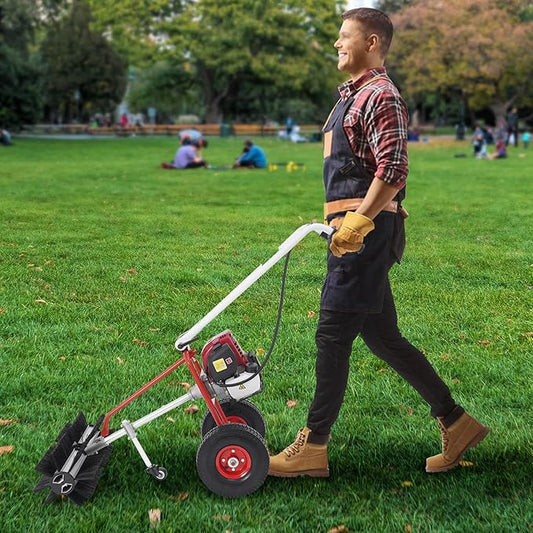 Gas Handheld Lawn Sweeper, 4 Stroke Snow Sweeping Broom Driveway Turf Lawns Artificial Grass Power Brush Lawn Sweeper Cleaner Tools, 23.62 x 23.62 x 37.8In