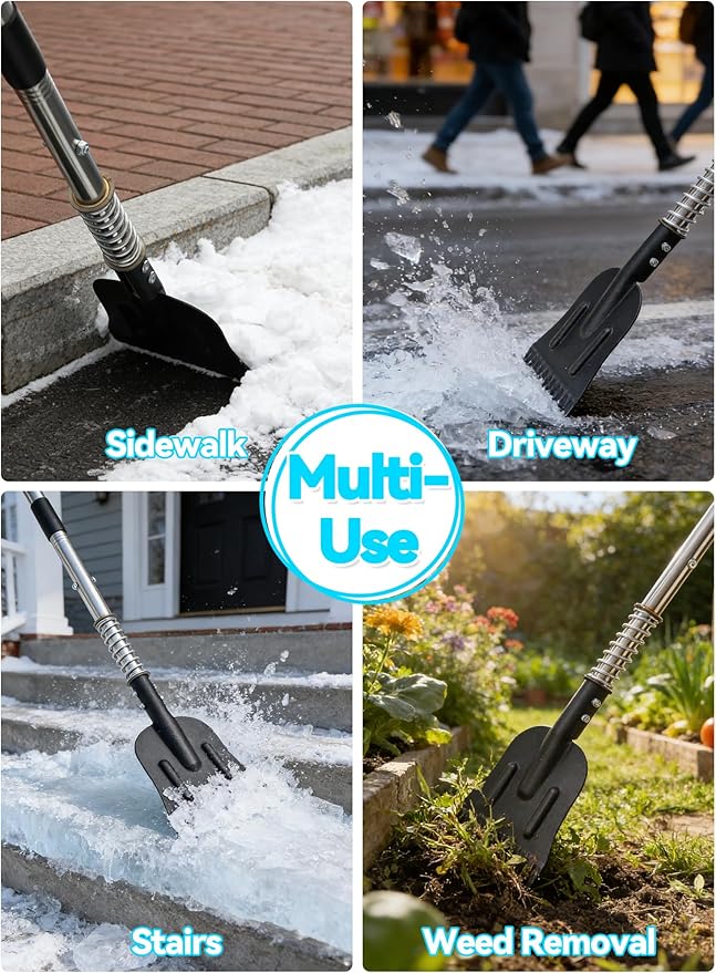 Driveway Ice Scraper, Spring-Loaded Shock-Absorb Ice Chopper for Sidewalk, Heavy Duty Ice Breaker Tool with 66" Long Handle, Serrated Blade for Cut Ice, Snow Removal, Floor Cleaning, Stainless Steel