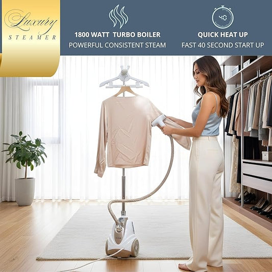 True & Tidy Luxury Upright Garment Steamer with 10 Steam Settings, Smart Auto Shut-Off 1800 Watt Powerful Standing Clothes Steamer, Fast Heat-Up Fabric Steamer, Champagne