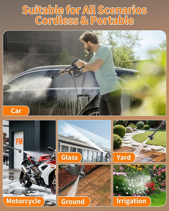 Cordless Pressure Washer Battery Powered; 990PSI Cordless Power Washer with 6-in-1 Nozzle, 23FT High-Elastic Hose, 21V Battery&Charger; Portable Handheld Pressure Washer Cleaner for Home (5022-BK2)
