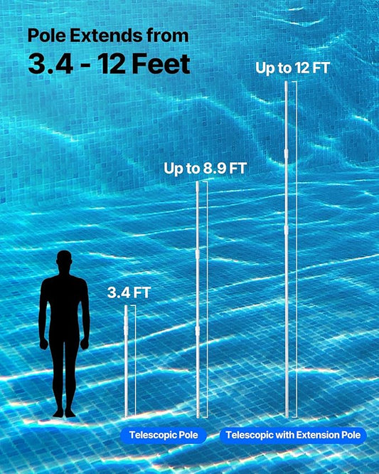 VEVOR Pool Pole, 3.4 to 12 Ft Telescoping Swimming Pool Cleaning Poles, Professional Adjustable Telescopic Pole with Extension Pole, Heavy Duty Cleaner Stick for Skimmer Net, Rake, Brush, Vacuum Head