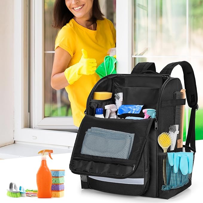 LoDrid Cleaning Bag with Thickened Adjustable Shoulder Straps, Large Cleaning Caddy Organizer with Multiple Pockets for Cleaning and Housework, Black (Patent Designed)