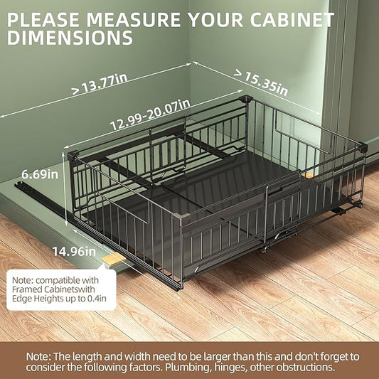 NETEL 2 Pack Expandable Pull Out Cabinet Organizer, Raised 6.69" guardrail, Adjustable Width 13"-20.07", 3 Rails No Drill Adhesive Peel And Stick, Adhesive Pull Out Drawers for Cabinets, Black