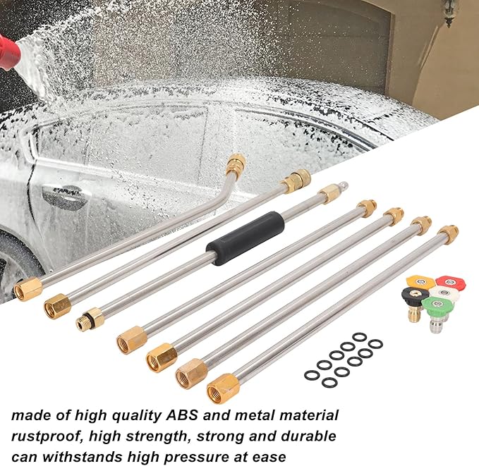 High Pressure Power Washer Extension Wand Set 4000PSI Gutter Cleaning Tool with 5 Nozzle Tips for Car Driveway Roof Deck ABS Metal Rustproof Durable