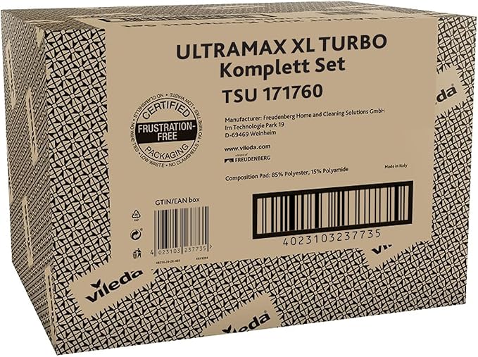 Vileda Ultramax Turbo XL Set, XL Floor Mop with Telescopic Handle for Large Surfaces, Microfibre Mop Cover, Bucket with Spinner, for All Hard Floors, Love It Clean, Eco Packaging