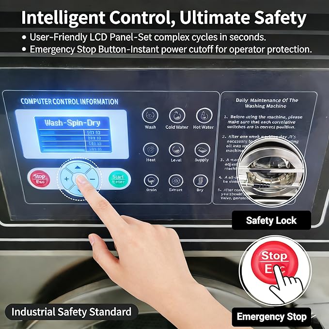 Industrial Front Load Washer Dryer Combo All-in-One Washing Machine with Wash, Spin & Dry 44LBS SUS304 Stainless Steel, Commercial Laundry Machine for Hotel/Hospital/Laundry Shop 220V 60Hz