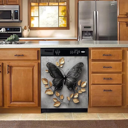 Black Butterfly Gold Leaf Dishwasher Magnet Cover Metalized Pattern Front Dishwasher Cover Magnetic Home Appliances Doors Panel Magnets Decals Kitchen Decorative 23" x 26"(Magnetic)