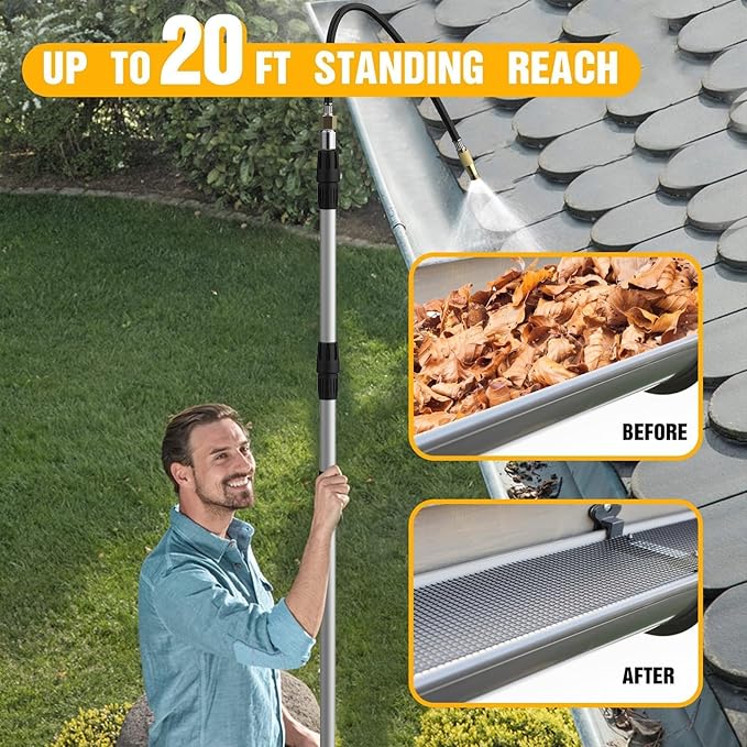 Gutter Cleaning Tools from The Ground, 12FT(20FT Reach) Rain Cleaner with Bendable Wand and Quick Connect Adapter for Garden Hose