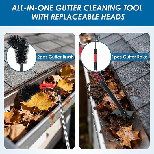 Gutter Cleaning Tools from The Ground, Adjustable Gutter Cleaning Pole with 180° Pivoting Head, Gutter Rake & 2 Gutter Brush, Gutter Cleaner Tool for Removing Leaves, Debris & Spider Webs (Black)