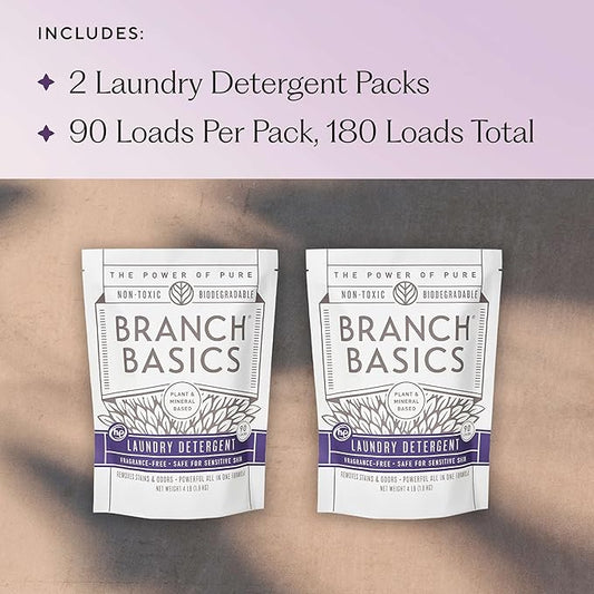 Branch Basics Laundry Detergent – 2 Pack, 4lbs per | Plant & Mineral-Based Formula | Lifts Stains & Removes Odor | Plastic-Free, Fragrance-Free & Safe for Sensitive Skin